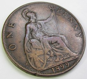 Authentic GREAT BRITAIN Issue Coin, Dated 1899, Large One 1 Penny, Depicts Queen VICTORIA, Copper Content