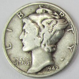 Authentic 1942P MERCURY SILVER DIME $.10, PHILADELPHIA Mint, 90 Percent Silver, Discontinued United States