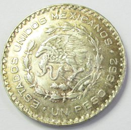 Authentic MEXICO Issue Coin, Dated 1962, One 1 Peso Denomination, Jose Morelos, Silver Content, Discontinued