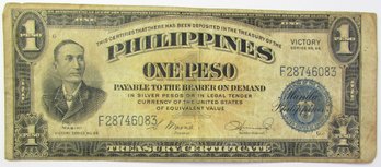 Authentic PHILIPPINES Issue Banknote, Genuine One 1 PESO Silver Certificate VICTORY Currency Bill