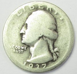 Authentic 1937P WASHINGTON SILVER QUARTER Dollar $.25, Philadelphia Mint, 90 Percent Silver, United States