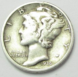 Authentic 1936P MERCURY SILVER DIME $.10, PHILADELPHIA Mint, 90 Percent Silver, United States