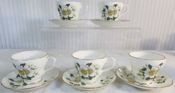 Lot OF 5! Signed DUCHESS Bone China, Vintage CUP & SAUCER Sets, Flower Blossom Pattern, ENGLAND, Gold Trim