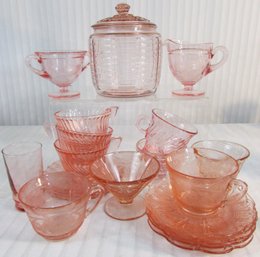 Lot Of 23 Pieces! Vintage PINK Depression Glass, Includes: COOKIE JAR Cups SUGAR Creamer