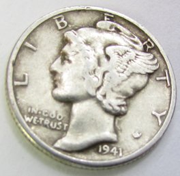 Authentic 1941D MERCURY SILVER DIME $.10, Denver Mint, 90 Percent Silver Issue, United States