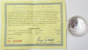 Authentic National Collector's Mint, 2004 Ground Zero Commemorative Medal, Proof .999 Silver Clad, $1 Dollar