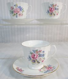 Lot OF 3! Signed NEWHALL Bone China, Vintage CUP & SAUCER Sets, Flower Patterns, Made In ENGLAND, Gold Trim