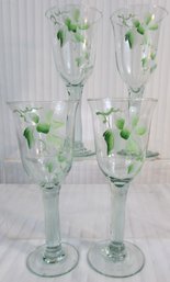 SET Of 4! Vintage WINE Glasses, Hand Painted FLORAL Design, Approx 9' Tall