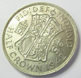 Authentic Great Britain Issue Coin, Dated 1942, One Half CROWN, GEORGE VI, Silver Content, Discontinued