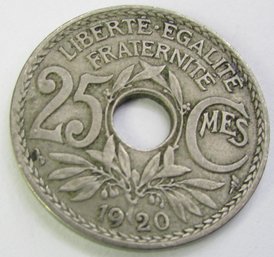 Authentic FRANCE Issue Coin, Dated 1920, Twenty Five 25 CENTIMES, Copper Nickel Content, Discontinued Style