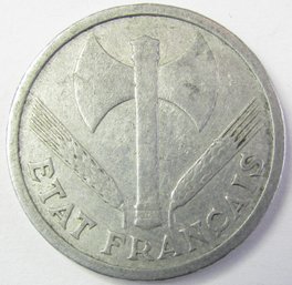 Authentic FRANCE Issue Coin, Dated 1944, Two 2 FRANCS, Aluminum Content, Discontinued Style