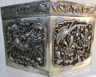 Vintage ASIAN Inspired COVERED BOX, Dragon Flowers Bird Designs, OCTAGON, Silver Tone Metal, Approx 6' Across