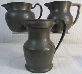 SET Of 3! Vintage Signed Drink PITCHERS, PEWTER Finish, Includes PLYMOUTH & MACY'S Brand, Approx 6' - 8'