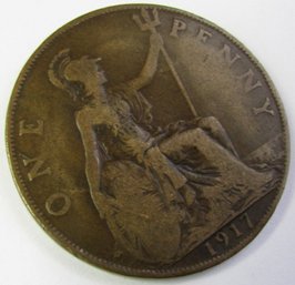 Authentic Great Britain Issue Coin, Dated 1917, One 1 PENNY Denomination, Discontinued, Copper Content