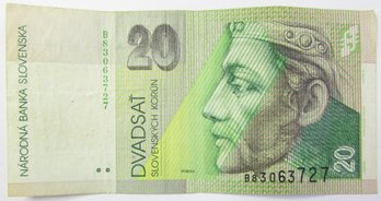 Authentic SLOVAKIA Issue Bank Note, Dated 1997, Genuine Twenty 20 KORUN Denomination Currency