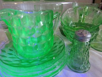 Lot Of 34 Pieces! Vintage URANIUM Depression Glass, Includes Glasses Cups Cookie Jar Creamer, GREEN Color