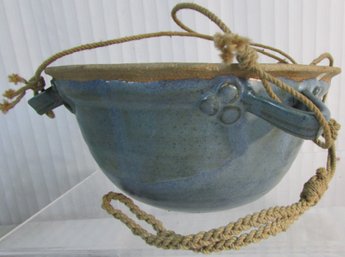 Hand Crafted Studio ART POTTERY, Hanging FLOWER POT PLANTER, Glazed Finish, Approx 7.5' Diameter, Rope Hanger