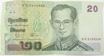 Authentic THAILAND Issue Banknote, Twenty 20 BAHT Currency Bill, Discontinued Design