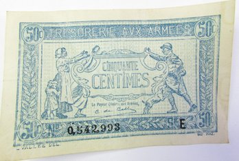 Authentic FRANCE ARMY TREASURY Issue, Genuine 50 Centimes, Discontinued Currency Bill, Bank Note