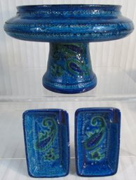 Set 3 Pcs! Vintage MCM ROSENTHAL NETTER Pottery, BLUE Gloss Glaze, ITALY, Largest Appx 9' Diameter