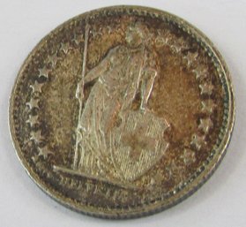 Authentic Switzerland Issue Coin, Dated 1945B, Helvetia, One Half 1/2 Swiss Franc, Silver Content