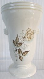 Signed MCCOY Art Pottery, Upright FLOWER VASE, White ANTIQUE ROSE Pattern, Gloss Glaze,  Appx 9,' Made In USA