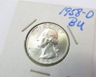 Authentic 1958D WASHINGTON SILVER QUARTER Dollar $.25, BU, Denver Mint, 90 Percent Silver, United States