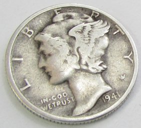 Authentic 1941P MERCURY SILVER DIME $.10, Philadelphia Mint, 90 Percent Silver, Discontinued United States