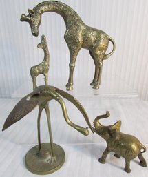 Set Of 4! Vintage ANIMAL Figures, Crafted In BRASS, Giraffe Elephant Bird, Largest Approx 8' Tall