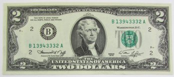 Authentic 1976 Series, Thomas Jefferson Two $2 BILL, Francine I. Neff, Crisp Discontinued United States