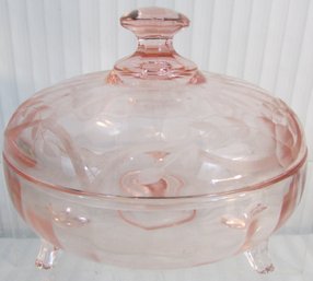 Vintage Depression Glass, Covered CANDY DISH, Etched Floral Pattern, PINK Color, Appx 6' Diameter