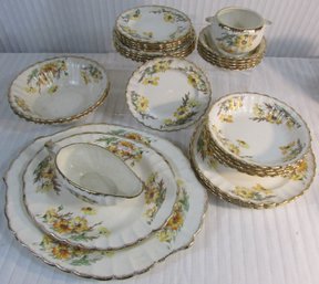 Set Of 20 Pieces! Vintage AMERICAN LIMOGES Brand China Dinnerware, YELLOW DAISY Pattern, Gold Trim