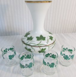 Lot Of 5 Pieces! Vintage Flared Rim FLOWER VASE & 4 Juice Glasses, IVY Pattern, Vase Appx 9.5' Tall
