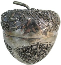 Vintage ASIAN Inspired Covered APPLE BOX, Dragon Flowers Bird Designs, Silver Tone Metal, Approx 4'