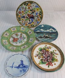Lot Of 5! Vintage Collectible Plates, Multicolor Hand Painted Designs, Imported, Up To 9.5' Diameter