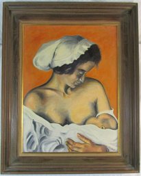 Signed MELES, Woman With Child, Original PAINTING On Board 1971, Appx 30.25' X 24.25' Size, Nicely Framed