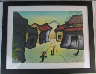 Signed, Original On Fabric, Vintage Village Scene, Asian Inspired, Approx 31.5' X 25,' Simple Black Frame