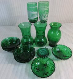 LOT Of 14 Pieces! Vintage FOREST GREEN Color Glass, Includes VASES BOWLS GLASSES, Largest Appx 6'
