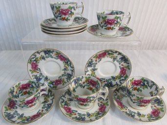 Set OF 5! Signed BOOTH Dinnerware, Vintage DEMITASSE CUP & SAUCER Sets, Floral Pattern, ENGLAND, Gold Trim