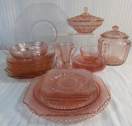 Lot Of 28 Pieces! Vintage PINK Depression Glass, Includes: COOKIE JAR Cups PLATES Candy Dish