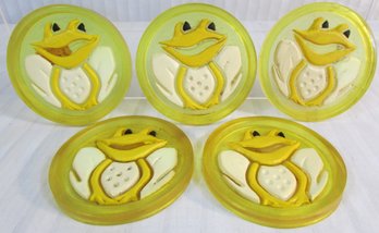 Lot Of 5! Vintage COLORFLO Brand DRINK COASTERS, Whimsical FROG Design, Circa 1970s Plastic, Appx 4' Diameter