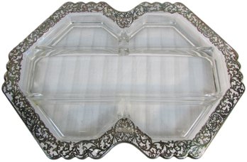 Vintage ELEGANT Depression Glass, Possibly FOSTORIA, Divided Serving TRAY, Silver Overlay Pattern, Appx 13'