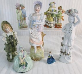 Collection Of 7! Vintage FIGURINES, Includes BISQUE & GLAZED Pieces, VICTORIAN Style, Largest Approx 11' Tall