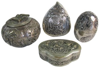 LOT Of 4! Vintage ASIAN Inspired Covered Mini BOXES, Dragon Flowers Bird Designs, Silver Tone Metal, Approx 3'