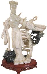 Natural Stone Believed To Be WHITE JADE JADEITE, Hand Carved FIGURINE, Wood Stand, Made In China, Appx 11.5'