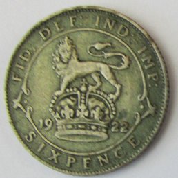 Authentic Great Britain Issue Coin, Dated 1922, Six 6 Pence Denomination, Depicts George V, Silver Content