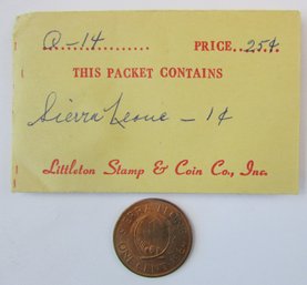 Authentic SIERRA LEONE Issue Coin, Dated 1964, One .01 CENT Denomination, Bronze Content