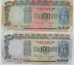 Set Of 2! Authentic INDIA Issue Banknotes, One Hundred 100 RUPEES Currency Bills, Discontinued Design