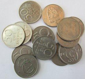 LOT OF 13 Coins! Authentic NORWAY Issue, Mixed Dates, Fifty 50 ORE Denomination, Nickel Copper Content