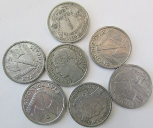 Set Of 7 Coins! Authentic FRANCE Issue, Mixed DateS, One 1 FRANC, Aluminum Content, Discontinued Style